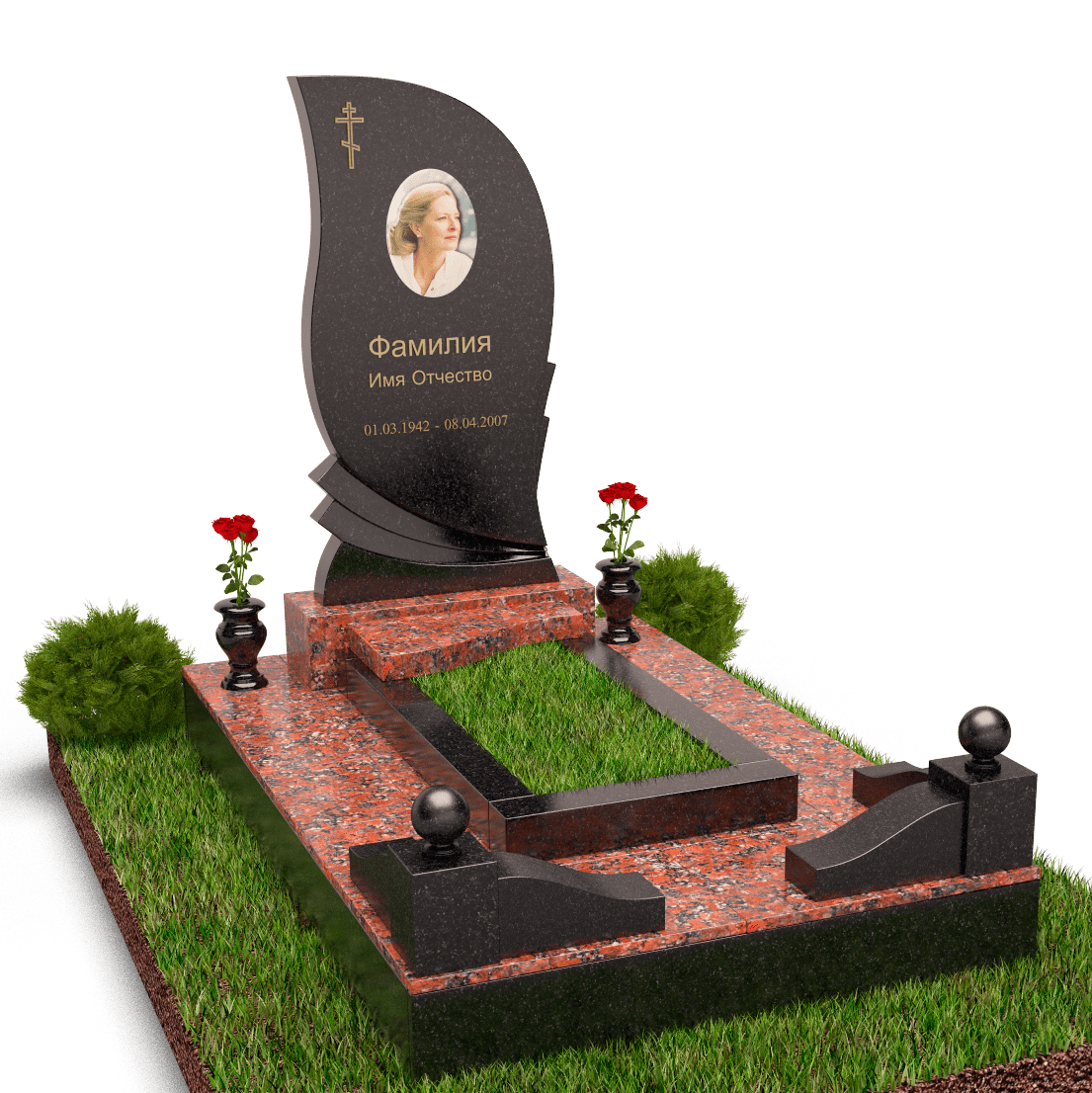Комбинированный мемориальный комплекс красный с черным гранитом
