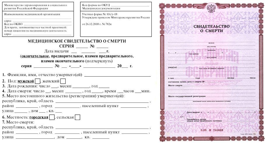 Медицинское и гербовое свидетельства о смерти
