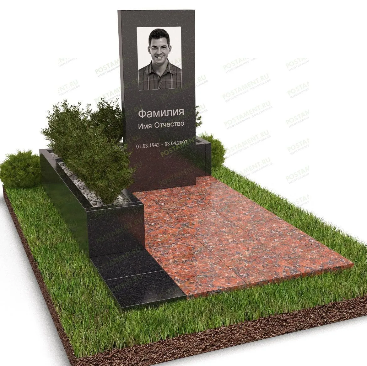 Прямой памятник с надгробием и цветочницей