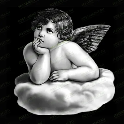 Рисунок задумчивого ангелка на облаке на памятник из гранита