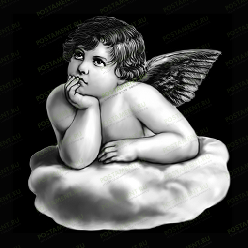 Рисунок задумчивого ангелка на облаке на памятник из гранита
