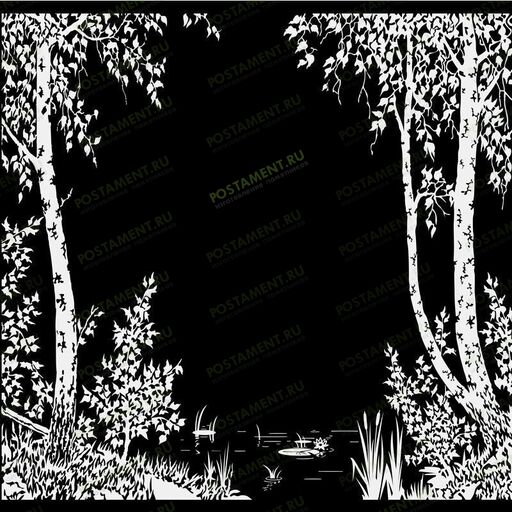 Гравировка на памятник рыбаку - пруд с кувшинками и березами