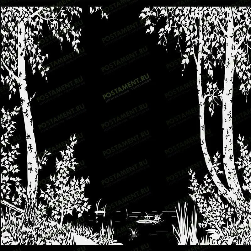 Гравировка на памятник рыбаку - пруд с кувшинками и березами