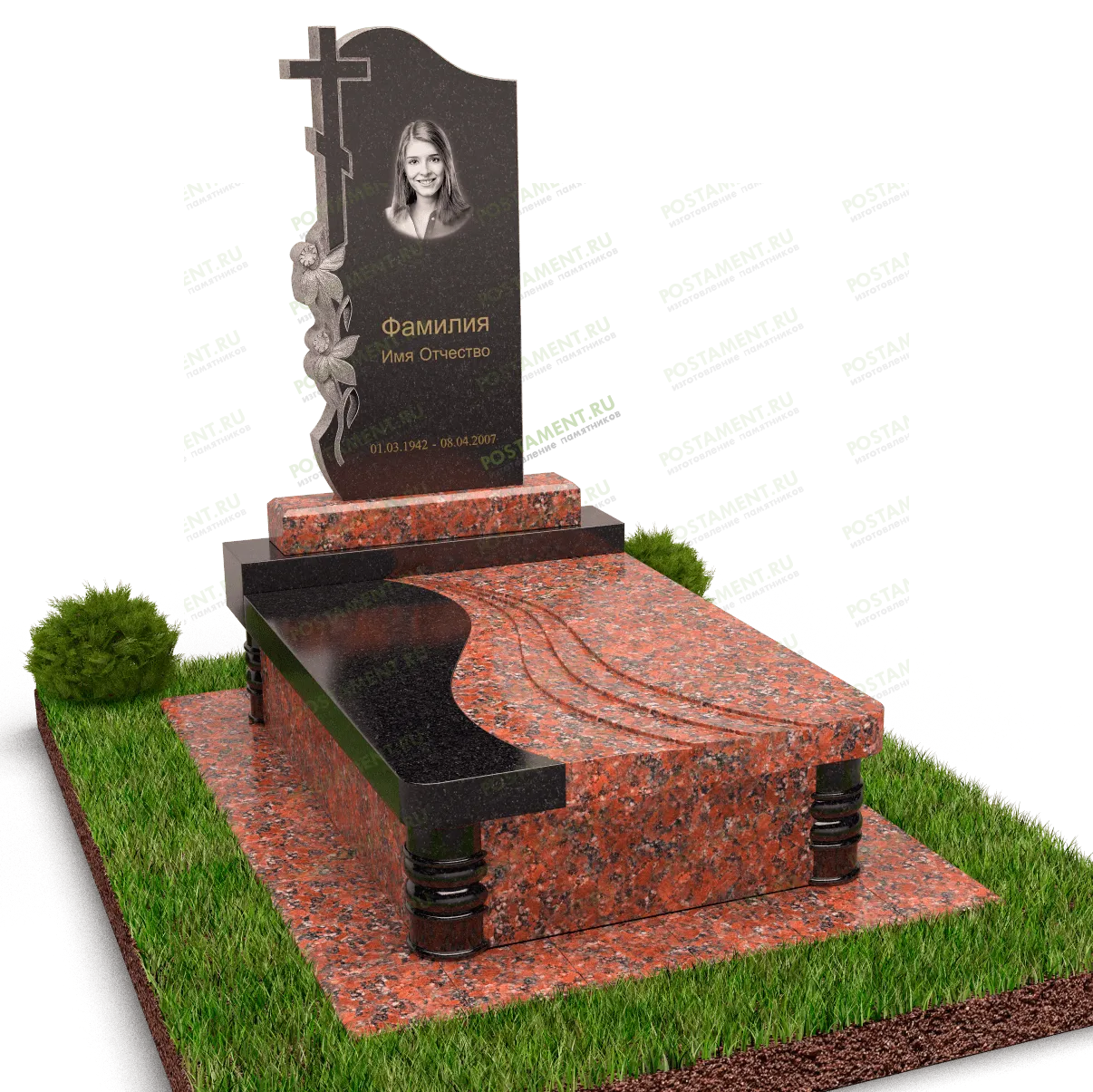 Памятник с цветами и декоративная надгробная плита 18874