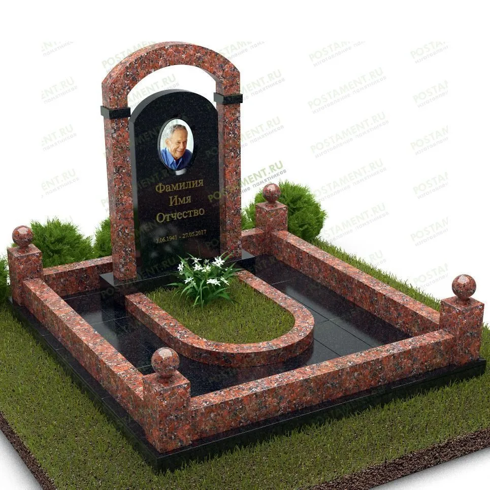 Комплекс из красного и черного гранита с памятником и аркой 18823