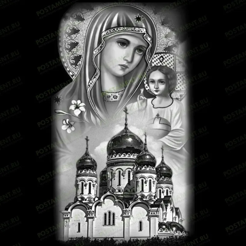 Храм и икона Богородицы на памятник