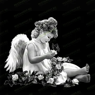 Сидящий ангел в цветах с венком для нанесения на стелу