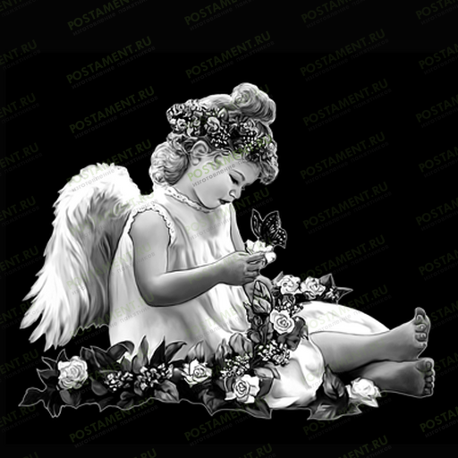Сидящий ангел в цветах с венком для нанесения на стелу
